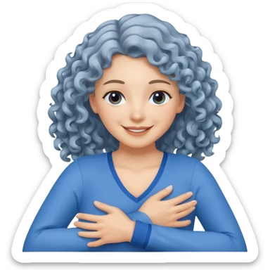 silver, wavy/curly hair chin-length lady giving hug with 2 arms, blue v-neck and smiling sticker