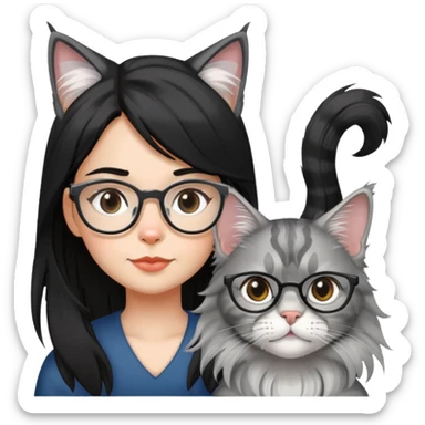 a silver based Maine Coon cat and a black hair glasses girl sticker