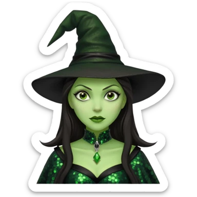 The Wicked Witch from The Land of Oz with green skin, long dark brown hair, black sequin outfit sticker
