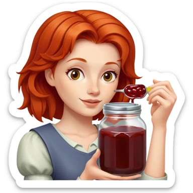 redhead woman showing a glass jar with jam at arms length, closeup sticker