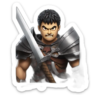 angry berserk guts carrying a huge sword on his shoulder framed on his bust sticker