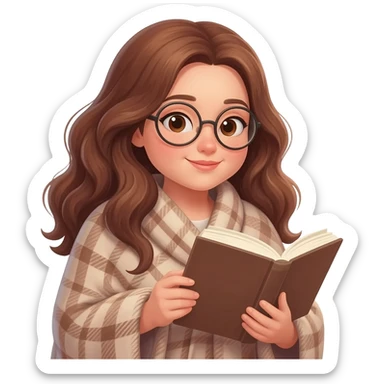detailed emoji illustration of a curvy woman with long chestnut brown wavy hair, light brown eyes and round glasses, wrapped in a cozy plaid blanket and reading a book, calm peaceful expression, soft warm lighting, cute emoji style sticker