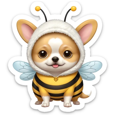 fat chihuahua with short white fur wearing a bee costume sticker