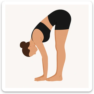 Minimalist flat vector illustration of a woman doing yoga in forward fold pose (Uttanasana), wearing sportswear (black top and black shorts), brown hair in a bun, clean white background, no face details, elegant style sticker