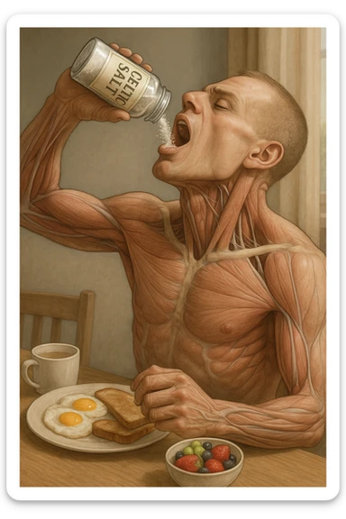 realistic medical illustration showing a human figure holding a jar labeled 'CELTIC SALT', pouring salt into his mouth with breakfast foods visible, detailed and accurate sticker
