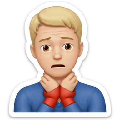 Man choking himself with both hands TIGHTENED around his neck and he has a worried expression sticker