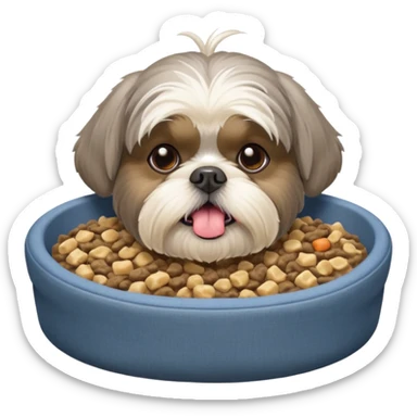 old ALL grey shih tzu in dog bed with bowl of food tongue hanging out sticker
