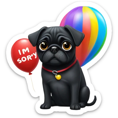 Black pug  and a ballon that says  “I’m sorry” sticker