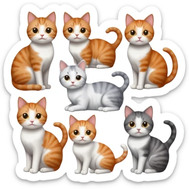 6 cats: 1 small ginger and white, 1 small brown tabby and white, 1 small grey and white, 1 big grey and white, 1 mostly grey with white paws and small white patch on chest and 1 calico sticker