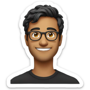25 year old indian silicon valley creator economy startup founder smiling wearing glasses in a black tshirt sticker