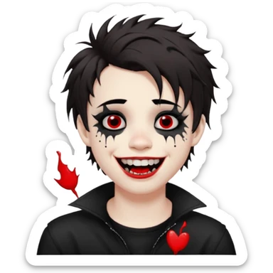 Laughing pale Goth boy with a bunch of face piercings, with shaggy dark brown hair, and messy black eyeliner , smudged, red, lipstick  sticker