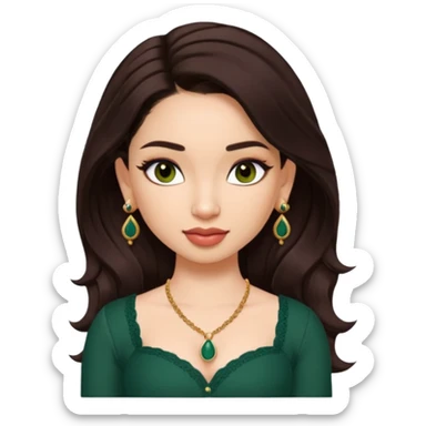 pretty bratz genmoji that looks like tamannah bhatia (bollywood actress), wearing a dark green sweetheart neckline top, dark brown hair, light makeup, no necklace, dangly earrings, side hair part, dark brown eyes, with tattoos sticker