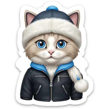Ragdoll cat wearing a leather jacket and a beanie sticker