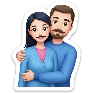 Tall white man with brown mustache goatee wearing blue hugging a short pale woman with long black hair wearing pink sticker