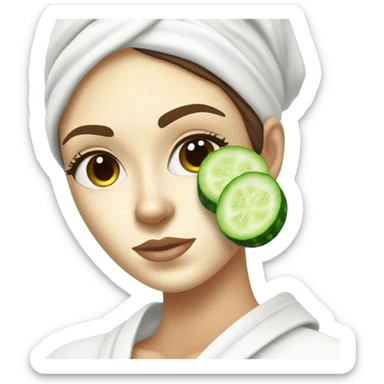 Girl with freackles Brown hair white skin and blue eyes wears Green colored texture skin care mask while She relaxes and puts two round piece of cucumber on her closed eyes In a white Robe sticker