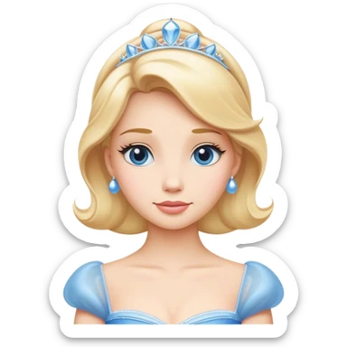 Cinematic Elegant Cinderella Portrait Emoji, rendered in a flat, vector-style with minimal shading and bold, simplified shapes. Depict Cinderella in her classic ball gown (chest and above) with fair, porcelain skin and elegantly styled blonde hair, her eyes soft and kind, and her expression serene and graceful. The design glows with a gentle, enchanting radiance and high shine, capturing the timeless beauty of a fairy tale princess. sticker