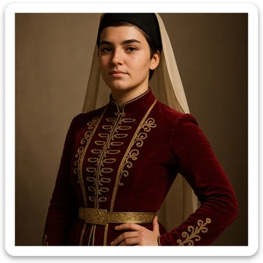 Chechen girl, 20 years old, short brown hair, in a classic Chechen outfit, confident and proud sticker