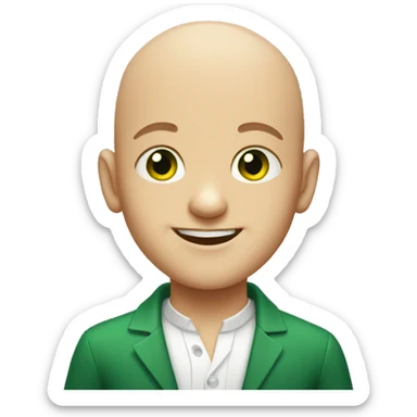 bald boy smiling portrait with bright green eyes sticker