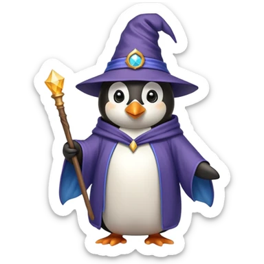 Penguin wearing wizard hat and robe holding a magic wand sticker
