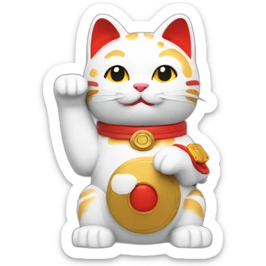 maneki neko with the arm straight and a red armband and a camera sticker