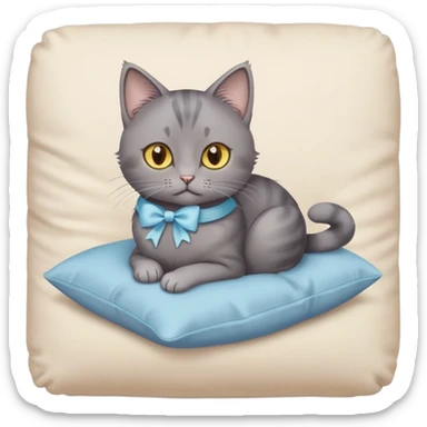 A grey cat with yellow eyes and a light blue bow sits on a beige pillow



 sticker