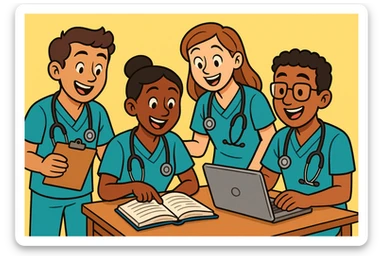 four nursing students working together, cartoon style, cheerful, teamwork, stethoscopes, scrubs sticker