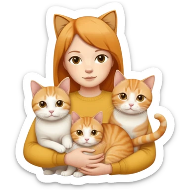 Straight short hair ear length in dark brown , skin tone honey . holding 3 cats - 1 ginger cat , 1yellow white cat , 1 British short hair in cream color cat which are all  same size  sticker