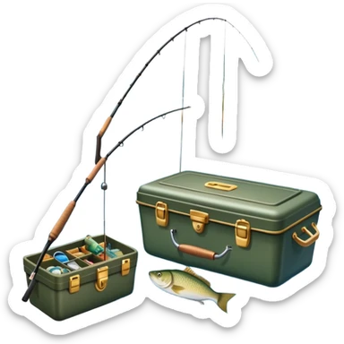 Icon for Fishing: a boat on the shore of a peaceful water body with a beautiful natural landscape, a fishing tackle box, a spinning rod. The icon should capture the tranquility and gear of a fishing adventure. Without frame. Transparent background. sticker