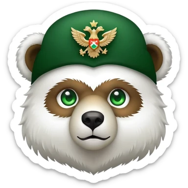 Adorable bear head with bright green eyes, white fluffy ushanka with clean simple Russian double-headed eagle emblem, minimalist iOS emoji style sticker