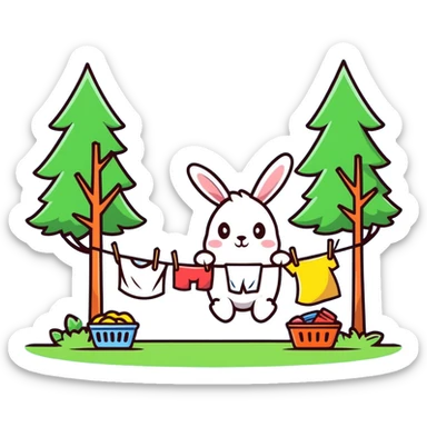 bunny hanging laundry between trees, calming domestic forest feel sticker