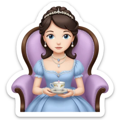 Blue-eyed brunette, wearing a Victorian style dress. She has a simple pearl necklace. Her dress is the palest lilac.  She is sitting gracefully in a chair, holding a teacup and saucer sticker
