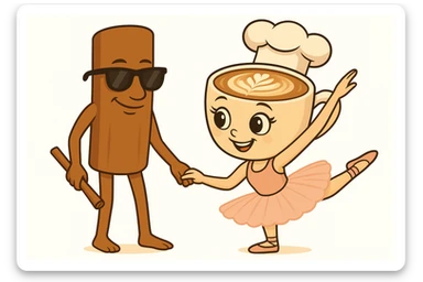 Add a chef hat to the coffee cup character and sunglasses to the cinnamon stick character in the same quality and style as the original image. sticker
