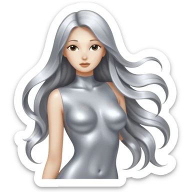 abstract sensual body silhouette, liquid silver chrome, smooth curves, long hair sticker