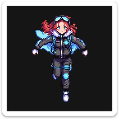 1 female, a vtuber in a cryo suit with a flight jacket, walk run jump anim sprite sheet sticker