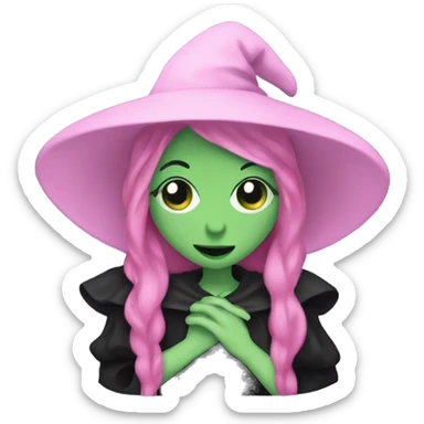 Witch dressed in black with green skin hugging pink dressed white witch sticker