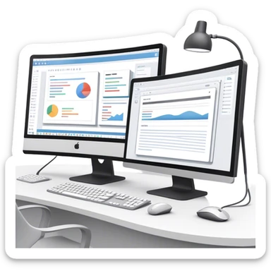 Create an emoji for UX/UI design. Show two large curved monitors displaying UX/UI design interfaces. Include a mouse, keyboard, and stylus next to the screens. Use modern, professional colors. Do not include any emojis or smiley faces. Make the background transparent. sticker