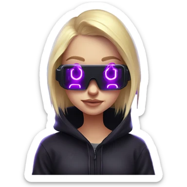Russian cute blond girl wearing black hoody with violet letters "OMG", in vr headset. Cyberpunk style. Violet neon. sticker