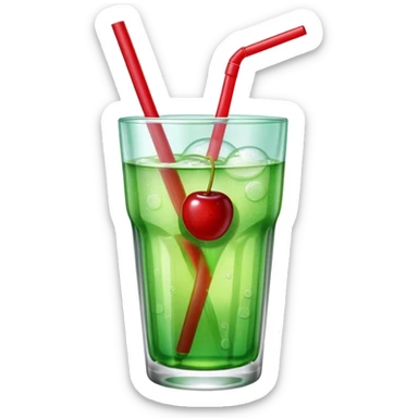 Create an emoji with a clear rounded glass, bright transparent green soda with fine bubbles, a smooth vanilla scoop, a glossy red cherry, and a red straw, using vibrant colors, soft shading, and clear glass highlights.
 sticker