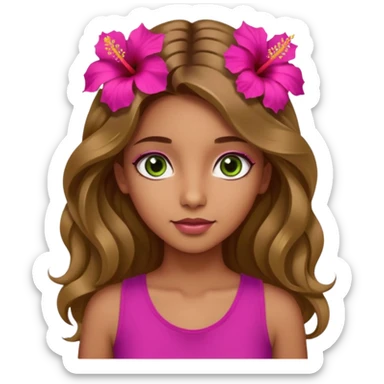 Una ragazza con gli occhi tra il marrone e il verde con gli occhi grandi i capelli lunghi castani quasi biondi lunghi fino alle spalle,poi magra con un top fucsia e uh hibicus sempre fucsia trai capelli  sticker