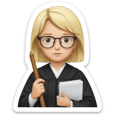 Young judge, blonde hair with glasses and robe, hold a paper sticker