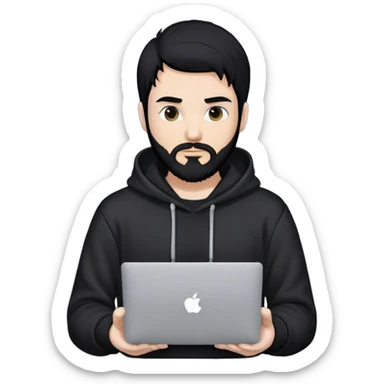 hackeur blanc cheveux noir barbe et capuche noir avec un macbook sticker