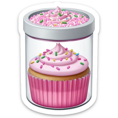 silver glitter in a small clear circular container with white lid, can of sprinkles, and pink cupcakes  sticker
