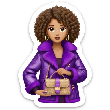 Beautiful black woman with curly hair. She is wearing a brown monogram Fendi jacket with a fur trim. She is carrying a Fendi Baguette
Purple sequined bag. I want the image close up. The jacket is not purple.  sticker