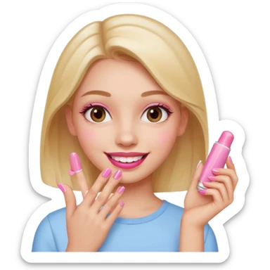 girl with pink nails and pink lip balm, smiling sticker