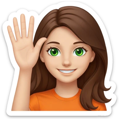 smiling girl with long brown hair, middle hair split, waving, green eyes, orange shirt sticker