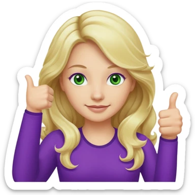 lady with long wavy blonde hair, purple top, green eyes, thumbs up sticker