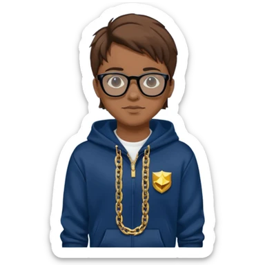 Brown hair with black glasses and lends have black and a dark blue hoodie that says caylus kingdom with black pants and a gold chain  sticker