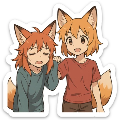 anime style fox character, tired, with a friend, duo pose sticker