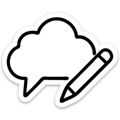 comic style speech bubble shaped like a cloud with a pen or pencil next to it representing a post caption as a comment outline style sticker