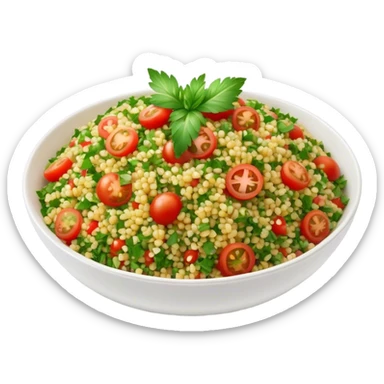Cinematic Realistic Tabbouleh Salad Dish Emoji, showcasing a fresh herbaceous salad with bulgur, tomatoes, and parsley rendered with crisp textures and natural, vibrant lighting. sticker